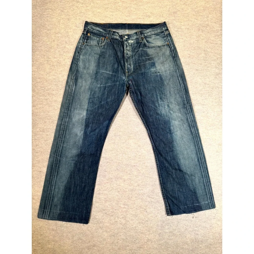 Levis 501 Jeans Men 36x34 Blue Whiskered Denim Cotton Logo Straight Leg Mid Rise